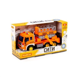 323033 Полесье "Сити", автомобиль с подъёмником инерционный (со светом и звуком) (оранжевый) (в коробке)