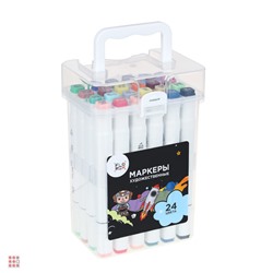 Набор маркеров худож., 24 цвета, 2-сторонний (скошенный 6мм + круглый 2мм), в пластик.боксе