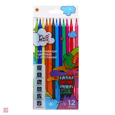 Набор цветных пластиковых стираемых карандашей, ластик, прокрашенный трехгр. корпус, 12 цв.