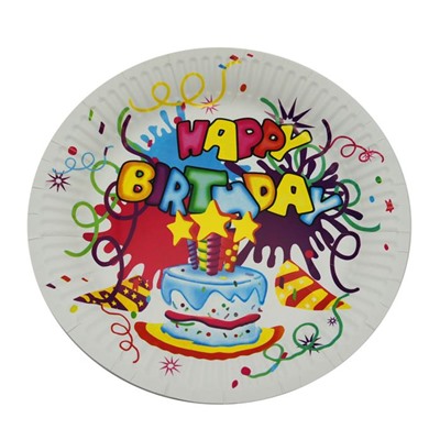 Тарелки картон  d=23см Happy Birthday Торт+серпантин Белые  (выпис.по 10шт.)