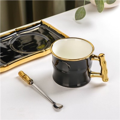 Чайная пара керамическая с ложкой «Сладкая вата», 2 предмета: кружка 200 мл, блюдце 24×11 см, цвет чёрный