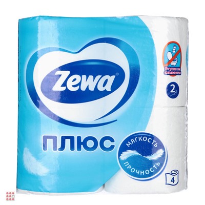 Туалетная бумага ZEWA Плюс, белая, 2 слоя, 4 рулона