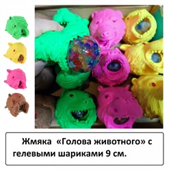 Игрушка  антистресс / жмяка / мялка/ «Голова животного» с гелевыми шариками 9 см, цвет в ассорт