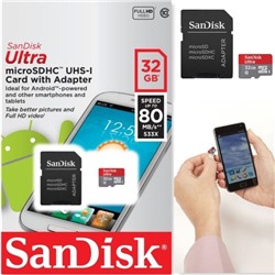 Карта памяти micro SDXC 32Gb SanDisk Ultra + адаптер SD