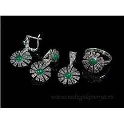 Кольцо Серьги и Кулон С925 с крафтовой смолой цв.зеленый и марказитами, размер 17,  12,6гр.