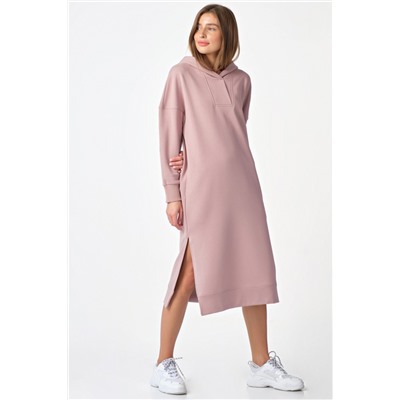 Платье-худи теплое с капюшоном из футера пыльно-розовое