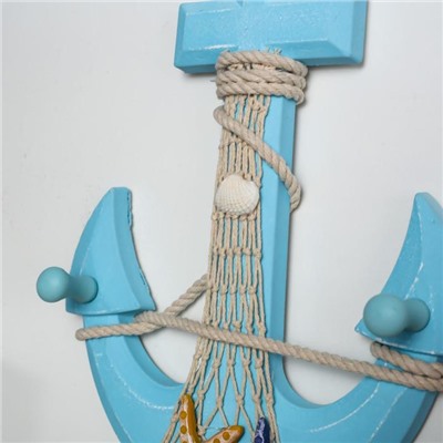 Крючки декоративные дерево "Якорь с сетью и морскими звёздами" голубой 32,5х22,5х5 см