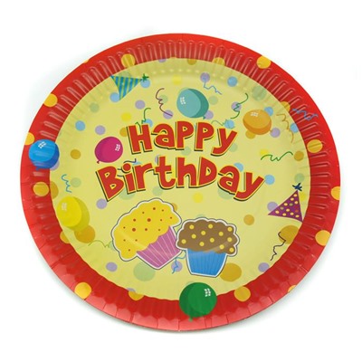 Тарелки картон  d=23см Happy Birthday Шарики+Пирожное Красные/желтые  (выпис.по 10шт.)