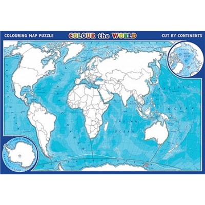 Карта-пазл раскраска мира на английском языке (фрагменты по континентам и океанам) 33х23см.