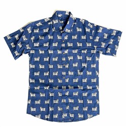 Рубашка мужская индийская с коротким рукавом СИНЯЯ с принтом СВЯТАЯ КОРОВА (размер 52-54, хлопок 100%), 1 шт.