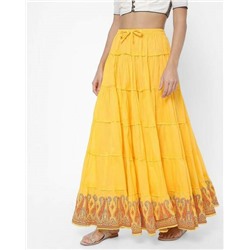 Расклешенная юбка индийская этническая ЖЕЛТАЯ, с каймой (на резинке, размер FS, хлопок 100%), ZRI, 1 шт.