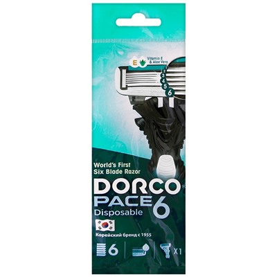DORCO Бритвенный одноразовый станок PACE6 1шт., плавующая головка с 6лезвиями и увлажняющей полосой, прорезиненная ручка.