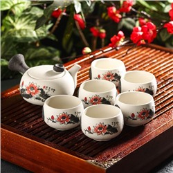 Набор для чайной церемонии керамический «Нежный цветок», 7 предметов: чайник 180 мл, 6 чашек 70 мл, цвет белый