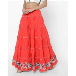 Расклешенная юбка индийская этническая КРАСНАЯ, с каймой (на резинке, размер FS, хлопок 100%), ZRI, 1 шт.