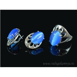 Кольцо Серьги с кошачьим глазом, цв.синий размер 18