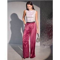 Топ с закрытым декольте из хлопка с эластаном в рубчик с матовым покрытием металлик