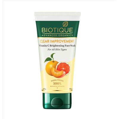 CLEAR IMPROVEMENT, Vitamin C Brightening FACE WASH, Biotique (ЗАМЕТНОЕ УЛУЧШЕНИЕ, Осветляющий ГЕЛЬ ДЛЯ УМЫВАНИЯ с Витамином С, Для всех типов кожи, Биотик), 150 мл.