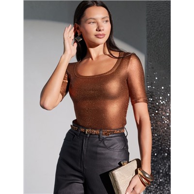 Футболка облегающая из хлопка в рубчик с U вырезом и матовым покрытием металлик