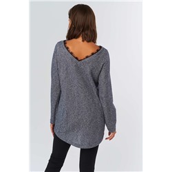 Джемпер трикотажный свободный с кружевом синий меланж