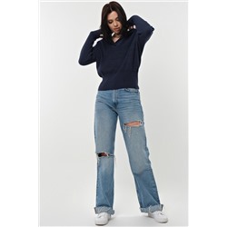 Джемпер хлопковый с капюшоном меланж синий