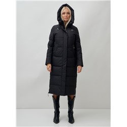 Пальто утепленное стеганное зимнее с капюшоном женское черного цвета 9607Ch