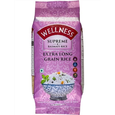 Wellness SUPREME RICE Basmati, Extra Long Grain Rice, Bharat Bazaar (Суприм Рис, Басмати, Бхарат Базар), 1 кг.