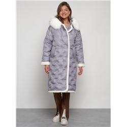 Пальто утепленное с капюшоном зимнее женское серого цвета 132290Sr