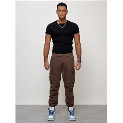 Джинсы карго мужские с накладными карманами коричневого цвета 2427K