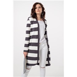 Кардиган вязаный прямой в полоску серо-белый