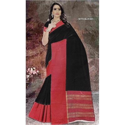 Джутовое Сари ISHITA HOUSE, Indian Jute, цвет ЧЕРНЫЙ С КРАСНОЙ КАЙМОЙ и Золотистой отделкой (Size: Onesize, с отрезом для блузы), 1 шт.