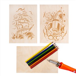 Набор для выжигания по дереву (аппарат с насадками, доски 3 штуки, спил 1 штука)