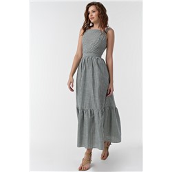 Сарафан летний длинный из хлопка в белую полоску на зеленом