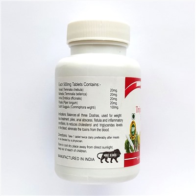 TRIPHALA GUGGULU, Karmeshu (ТРИФАЛА ГУГГУЛ, для очищения и омоложения организма, Кармешу), 180 таб. по 500 мг.