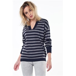 Пуловер вязаный теплый в полоску темно-синий