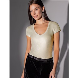 Футболка облегающая из хлопка в рубчик с V вырезом и матовым покрытием металлик