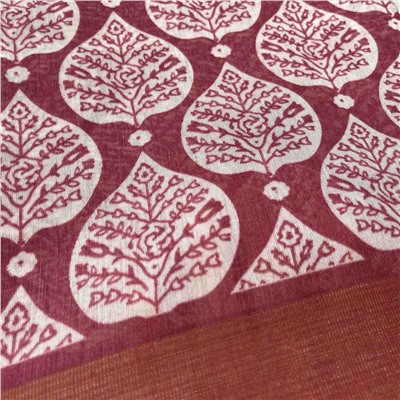 Сари ISHITA HOUSE, Golden Patta, с печатным принтом ЛИСТЬЯ, цвет БОРДОВЫЙ (Size: Onesize, с отрезом для блузы), 1 шт.