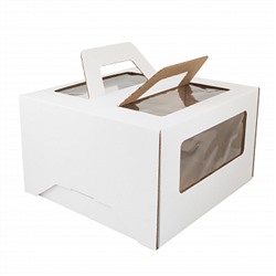 Коробкадля торта белая 24*24*15 см, с ручками (окна)