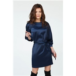 Платье атласное короткое с объемными рукавами темно-синее
