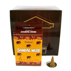 Tulasi Incense CONES SANDAL WOOD, Sarathi (Туласи благовония КОНУСЫ САНДАЛОВОЕ ДЕРЕВО (СО СЛОНИКАМИ), Саратхи), уп. 15 конусов.