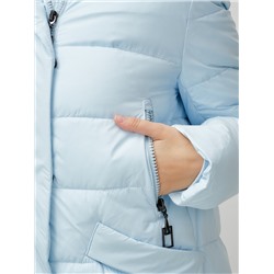 Пальто утепленное стеганное зимнее с капюшоном женское голубого цвета 9610Gl
