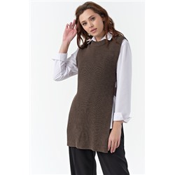 Жилет вязаный удлиненный с разрезами по бокам из хлопка кофейный