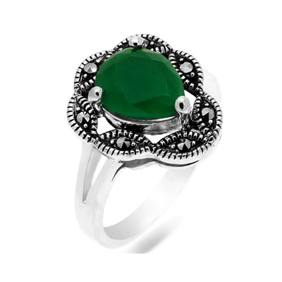 Кольцо из серебра зеленый агат, марказит, SL-AGA1629