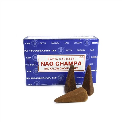 NAG CHAMPA Backflow Dhoop Cones, Satya (НАГ ЧАМПА благовония пуля стелющийся дым, Сатья), уп. 10 конусов.