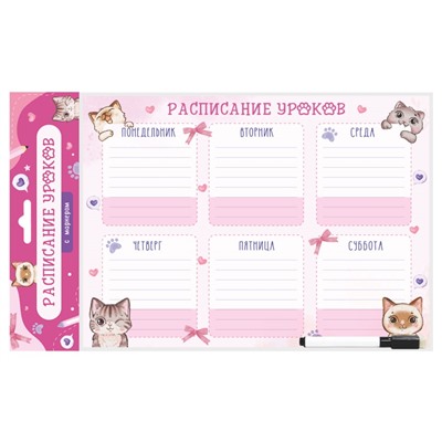 Планер магнитный РАСПИСАНИЕ УРОКОВ  с маркером. МИЛЫЕ КОТИКИ