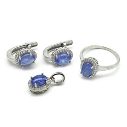 Кольцо, Серьги и Кулон С925 с танзанитом и фианитами, размер 19, 8,7г