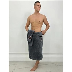 Комплект мужской с вышивкой "КОРОЛЬ БАНИ"-СЕРЫЙ 2 пр. (килт+полотенце) микрофибра