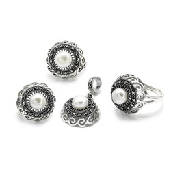 Кольцо Серьги и Кулон С925 с жемчугом и марказитами, размер 17, 15,1г