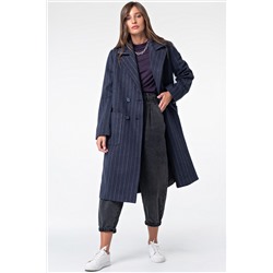 Пальто двубортное прямое шерстяное в полоску синее