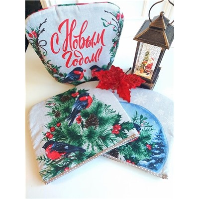 Грелка на чайник "Новогодние снегири" рогожка хлопок 100%