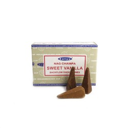 NAG CHAMPA SWEET VANILLA Backflow Dhoop Cones, Satya (НАГ ЧАМПА СЛАДКАЯ ВАНИЛЬ благовония пуля стелющийся дым, Сатья), уп. 10 конусов.
